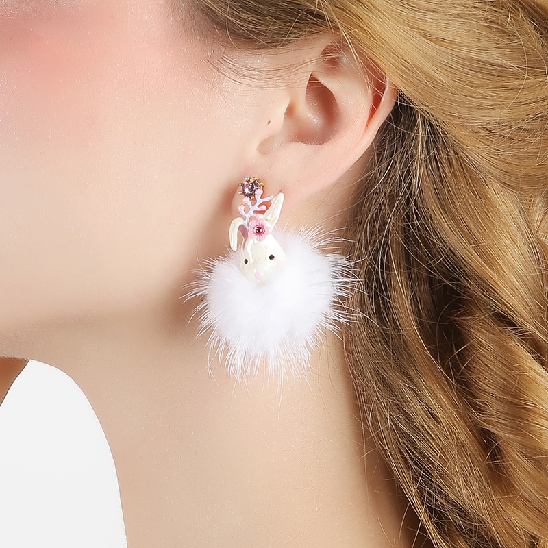 Cute Rabbit Bunny And Crystal Enamel Earrings