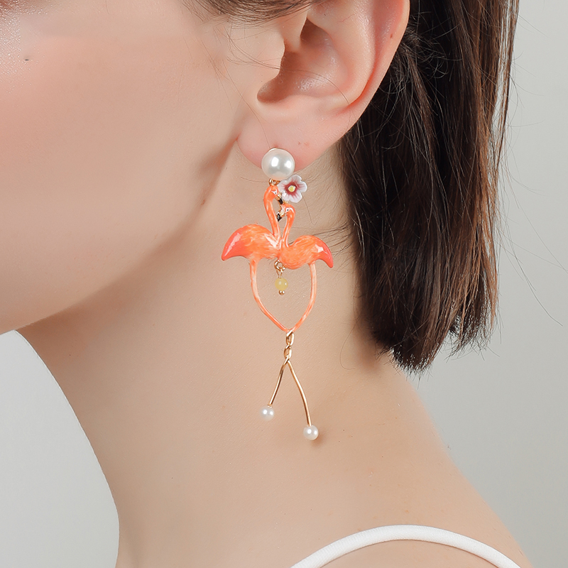 Flamingo And Flower Pearl Enamel Earrings