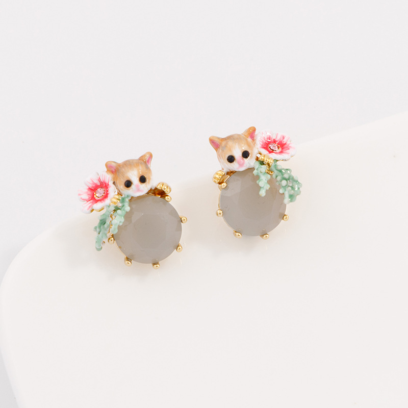 Cat Kitty Kitten Flower And Stone Enamel Stud Earrings