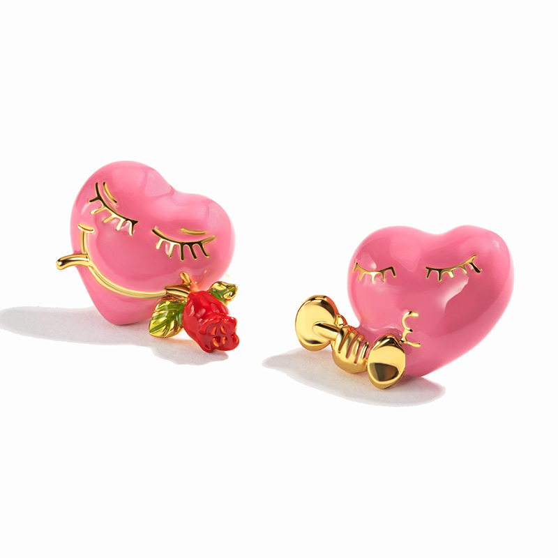 Red Heart With Rose And Dumbbell Asymmetrical Enamel Stud Earrings