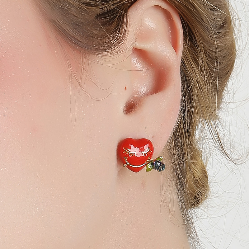 Parrot And Flower Pearl Tassel Enamel Stud Earrings