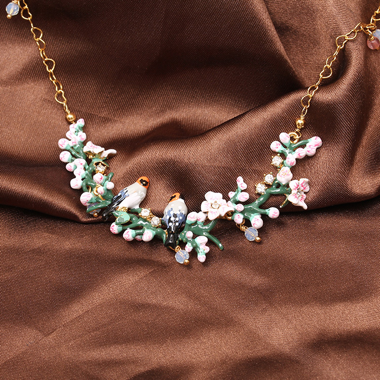 Enamel Glaze Romantic Cherry Blossom Series Tweet Bird Necklace