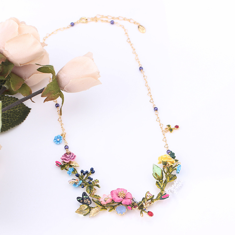 Flower Branch With Caterpillar Butterfly Enamel Necklace