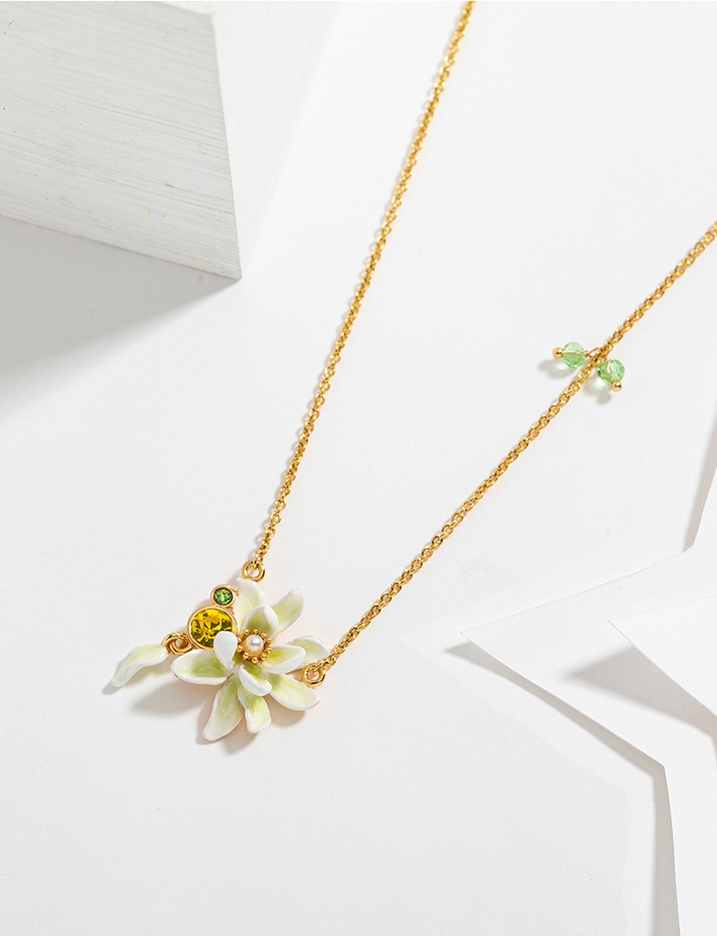 Gardenia Flower With Pearl And Zircon Enamel Necklace