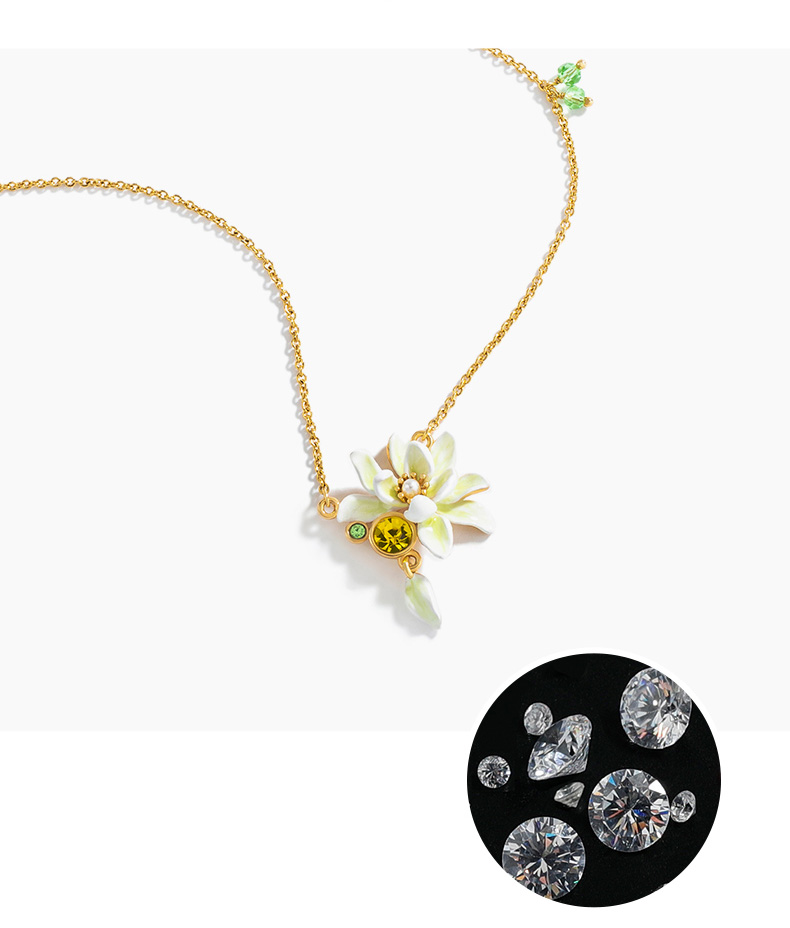 Gardenia Flower With Pearl And Zircon Enamel Necklace