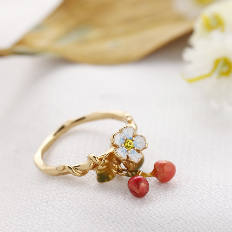 Enamel Glaze Small Fresh Flower Cherry Fall Gold Ring