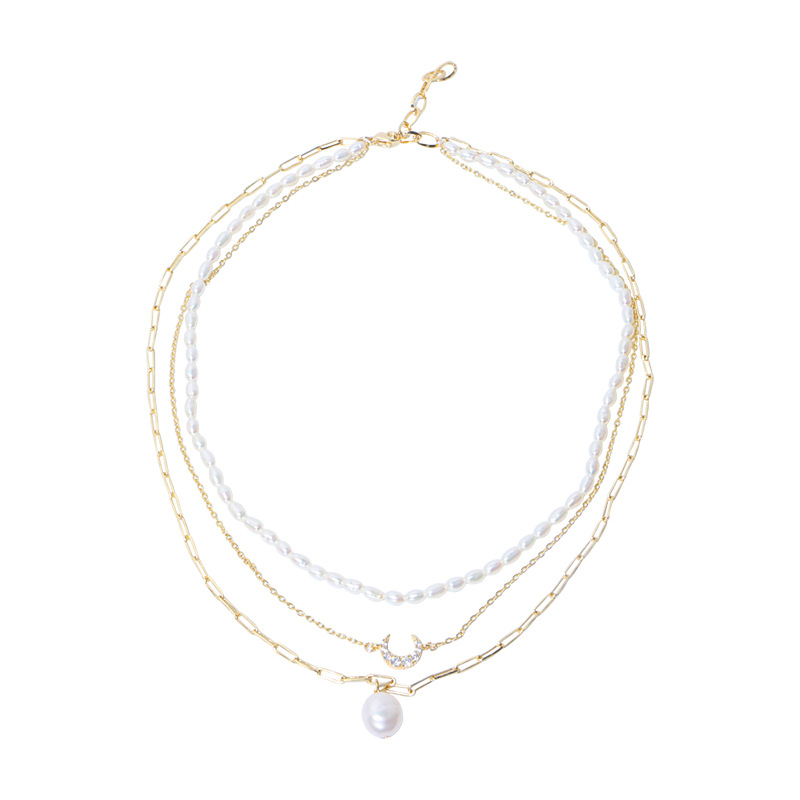 Freshwater Pearl Moon Gold Filled Chain Layering Necklace