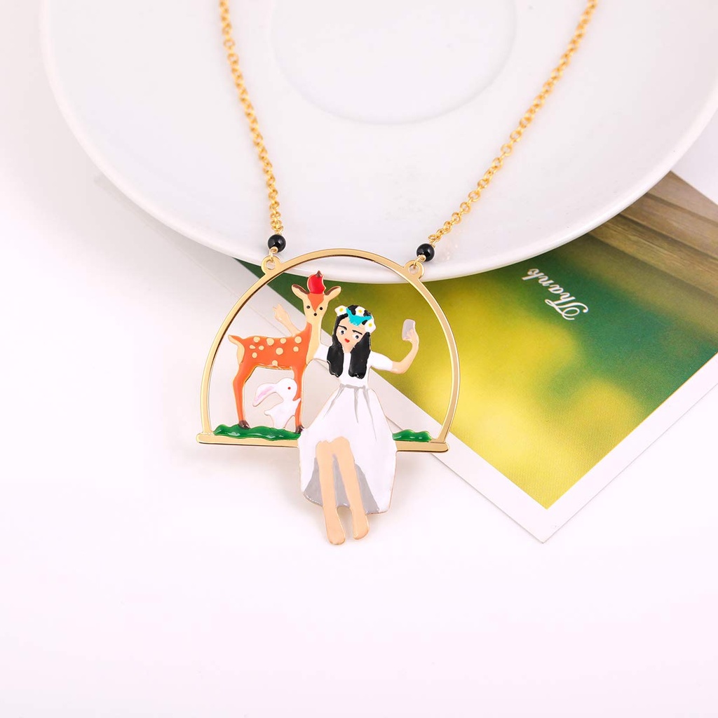 Enamel Glaze Snow White Deer Cartoon Character Pendant Necklace