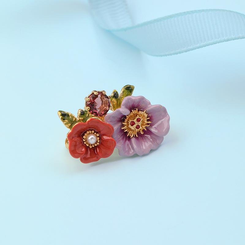 Purple Red Flower And Stone Enamel Brooch Jewelry Gift