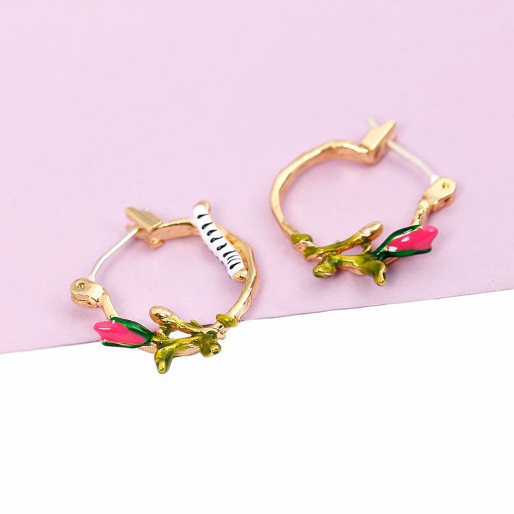 Red Flower Caterpillar On A C Shape Branch Enamel Hoop Earrings Jewelry Gift