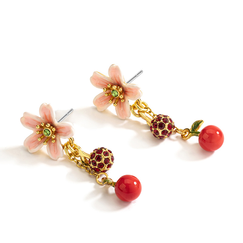 Flower And Cherry Fruit Enamel Earrings