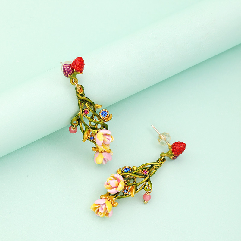 Flower Raspberry And Crystal Enamel Earrings