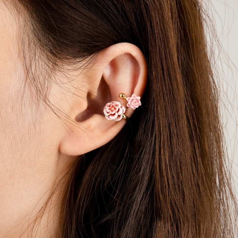 Retro Pink Flower Cartilage Enamel Clip Earrings