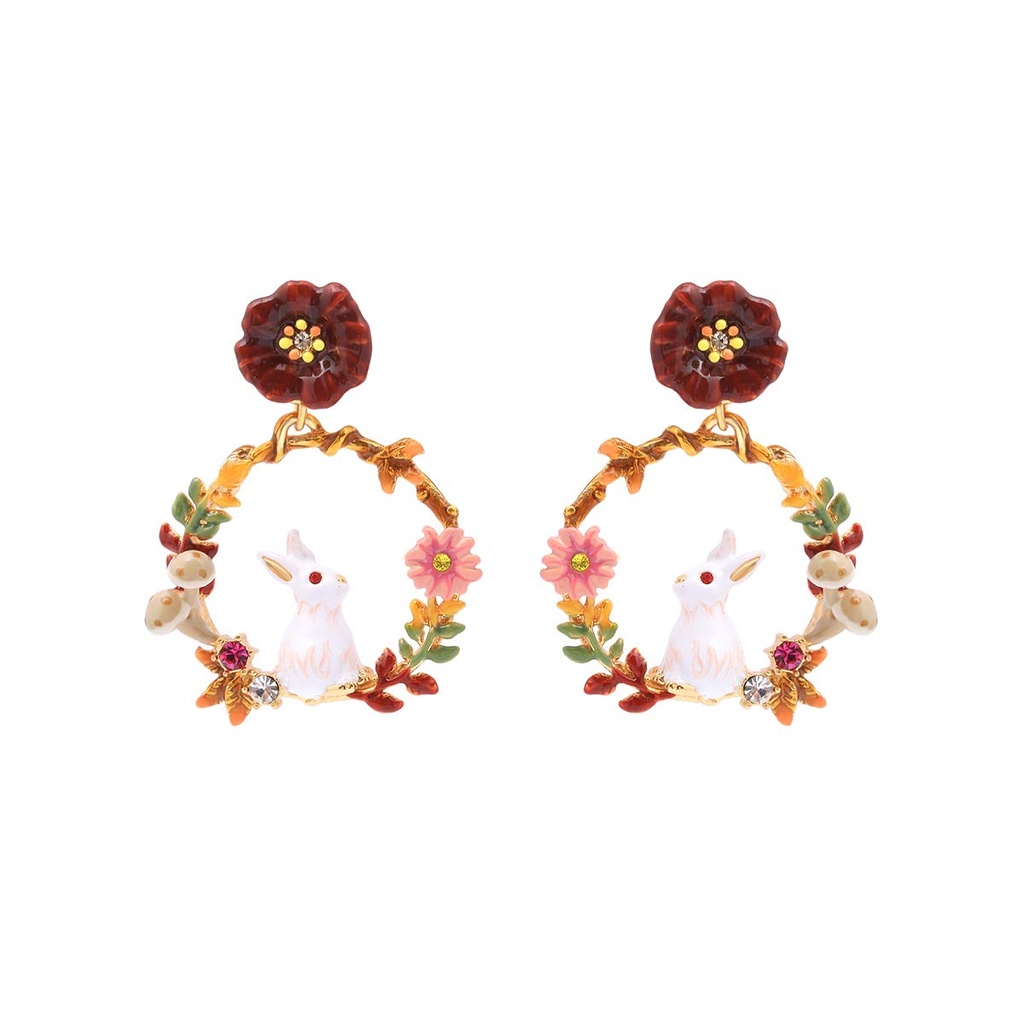 Cute Rabbit Enamel Earrings Bunny Flower Jewelry Clip/Stud Earrings