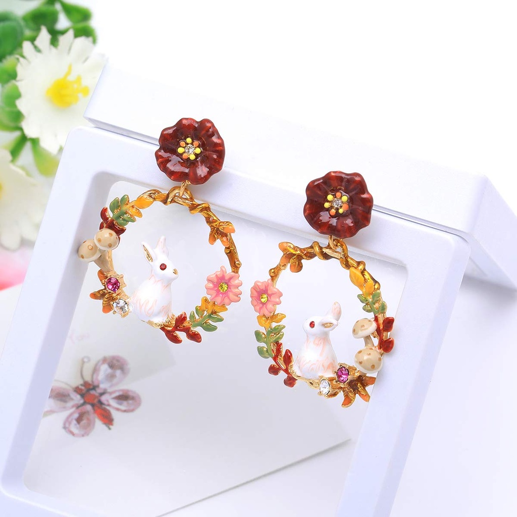 Cute Rabbit Enamel Earrings Bunny Flower Jewelry Clip/Stud Earrings