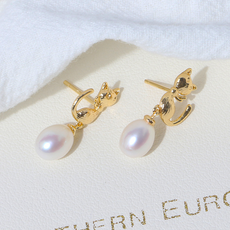 Freshwater Pearl Cat Kitty Kitten Earrings