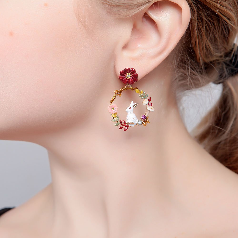 Cute Rabbit Pendant Long Tassel Hand Painted Enamel Asymmetric Stud Clip Earring