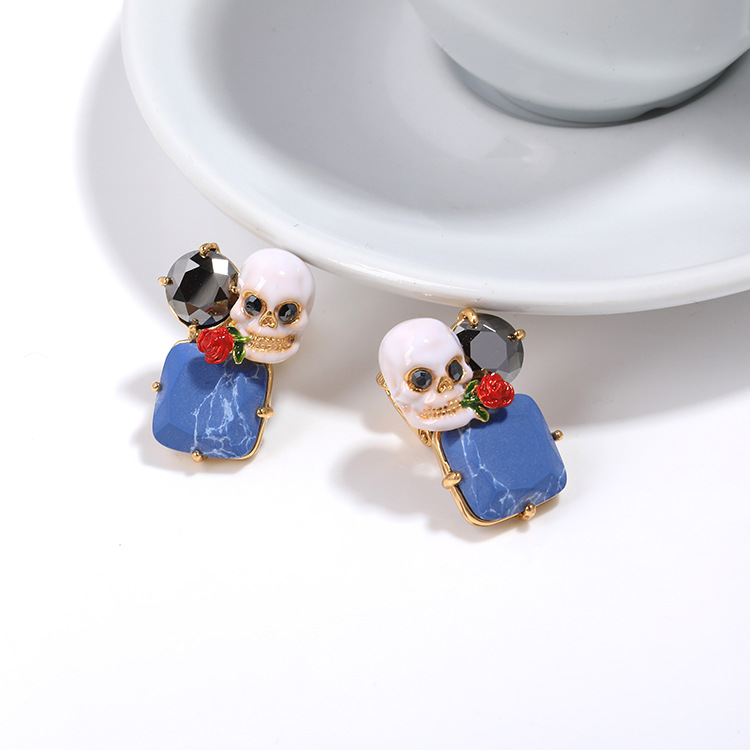 Skeleton Blue Stone And Rose Enamel earrings