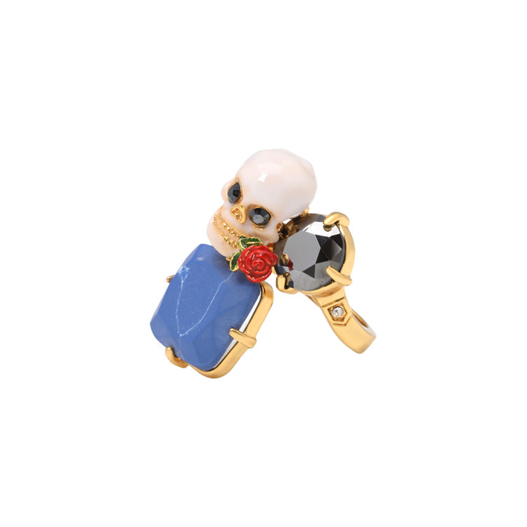 Skeleton Blue Stone And Rose Enamel Adjustable Ring
