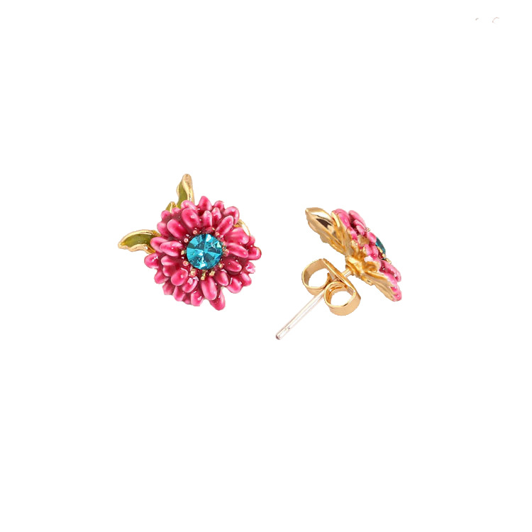 Pink Flower And Crystal Enamel Stud Earrings
