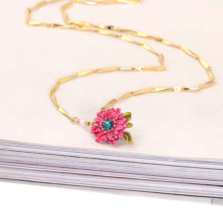 Love Flower And Crystal Enamel Necklace