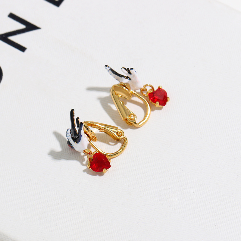 Swallon And Red Heart Crystal Enamel Earrings