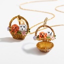 Cute Dog Puppy Flower Basket Enamel Pendant Necklace