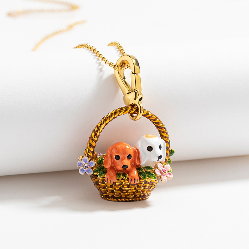 Bird On Peach And Crystal Enamel Necklace