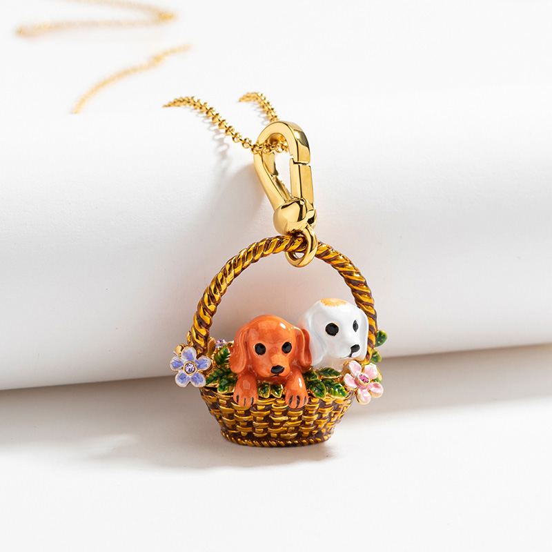 Cute Dog Puppy Flower Basket Enamel Pendant Necklace