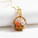 Cute Dog Puppy Flower Basket Enamel Pendant Necklace