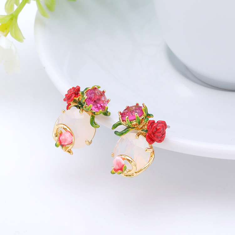 Red Flower And Crystal Stone Enamel Stud Earrings