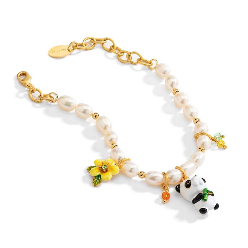 Cute Panda With Bamboo And Flower Pearl Enamel Charm Bracelet