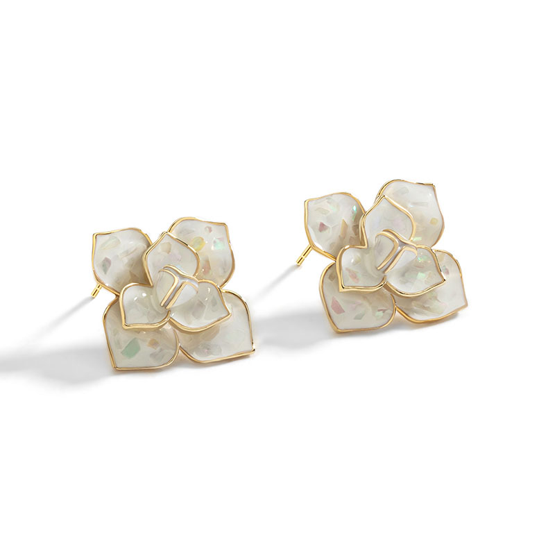 Camellia Flower White Black Enamel Stud Earrings