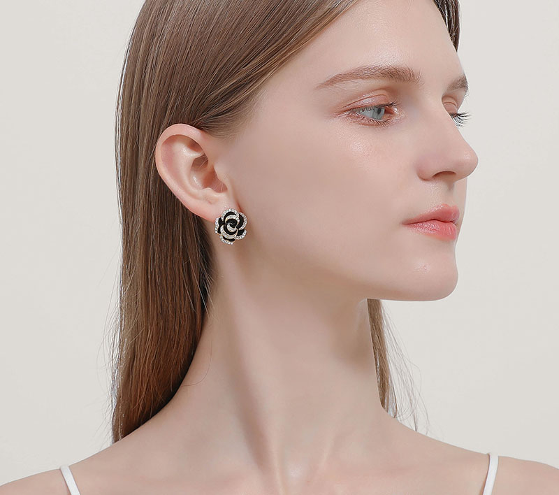 Camellia Black Flower And Crystal Enamel Stud Earrings