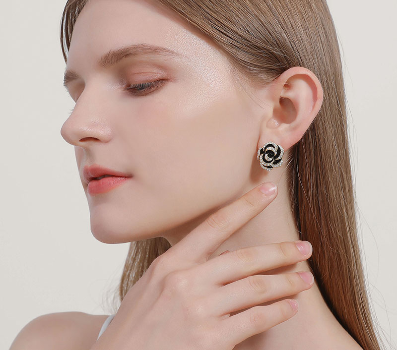 Camellia Black Flower And Crystal Enamel Stud Earrings