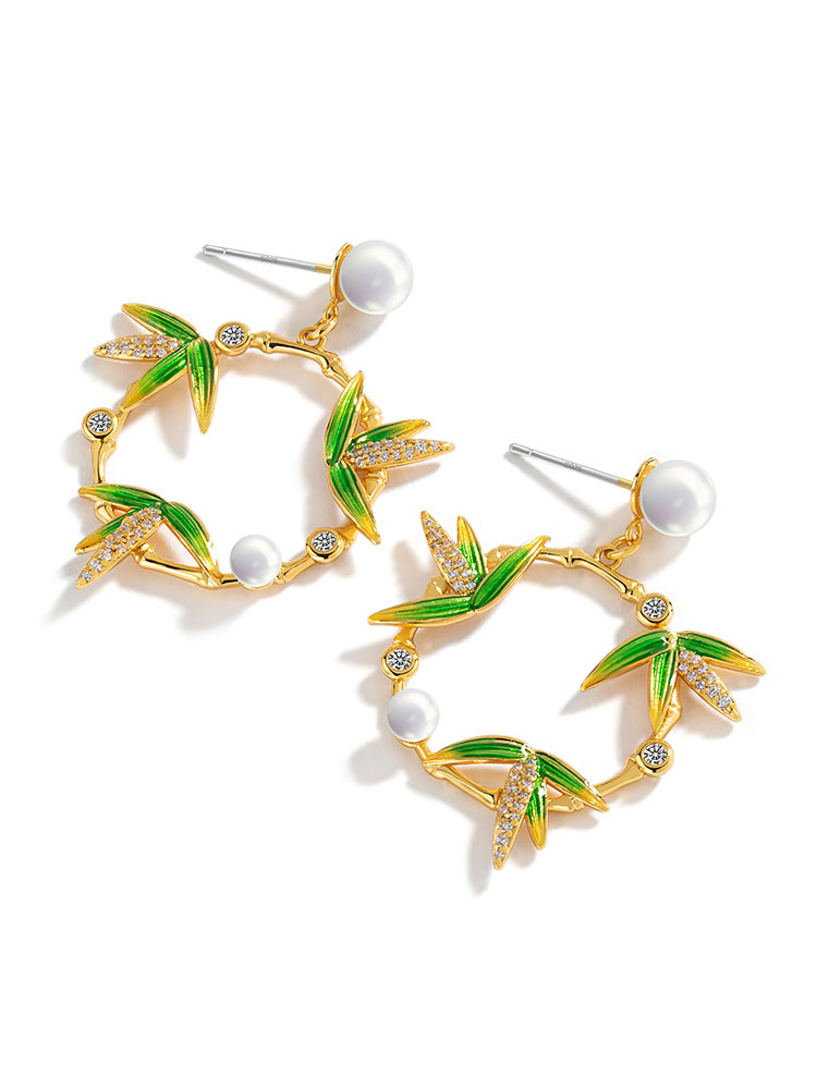 Bamboo Leaf And Pearl Crystal Enamel Stud Earrings