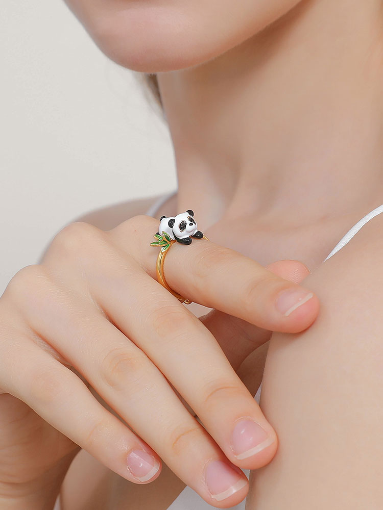 Cute Panda And Bamboo Leaf Enamel Adjustable Ring