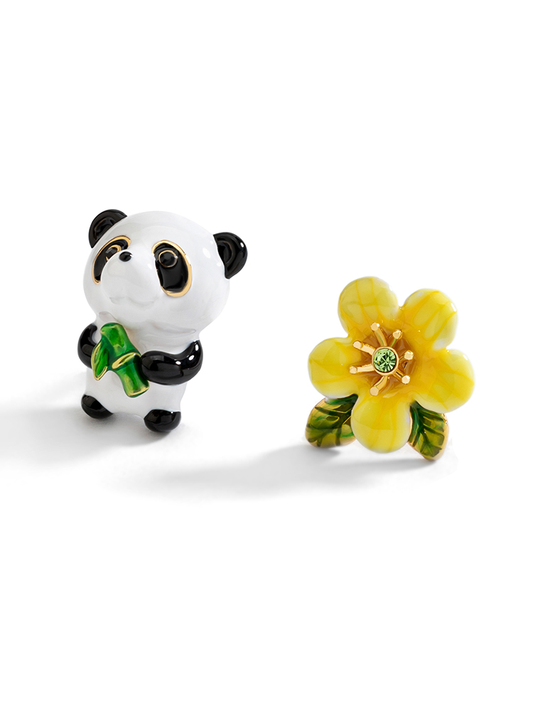 Cute Panda With Bamboo And Flower Enamel Stud Earrings