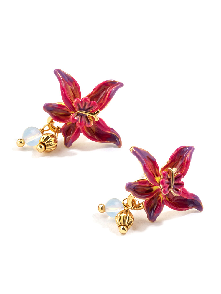 Purple Red Flower And Bead Enamel Stud Earrings