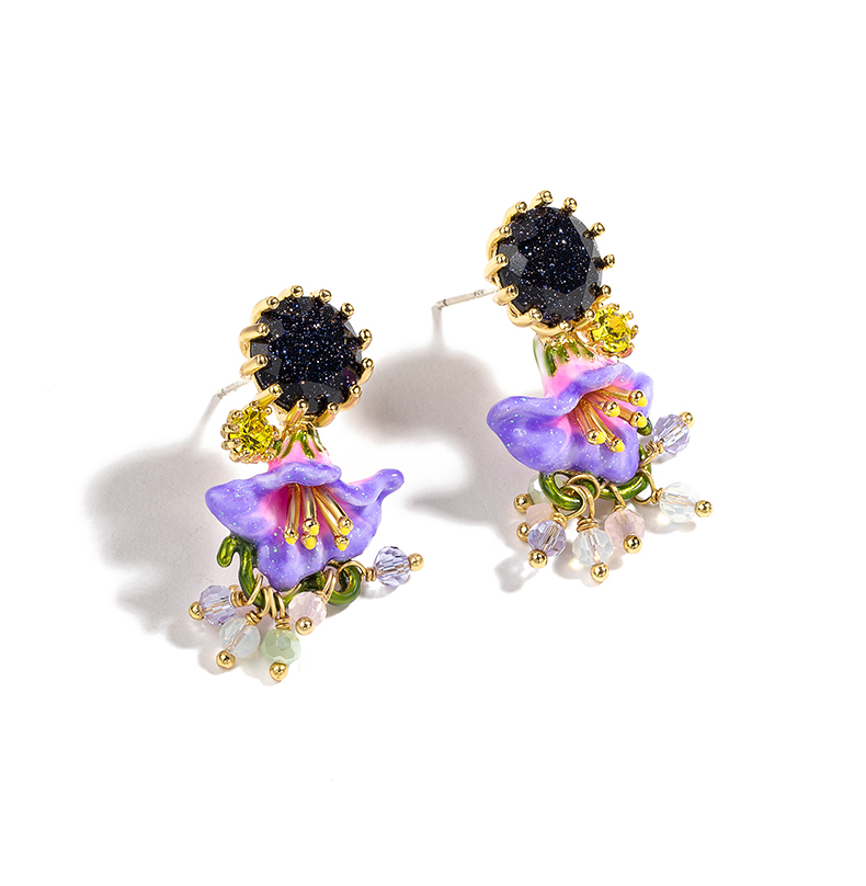 Purple Flower Morning Glory And Stone Enamel Earrings