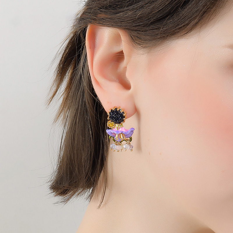 Purple Flower Morning Glory And Stone Enamel Earrings