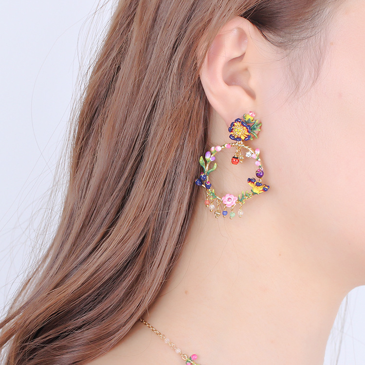 Flower Butterfly Ladybug And Bead Enamel Earrings