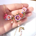 Flower Peony Branch And Crystal Enamel Pedant Necklace