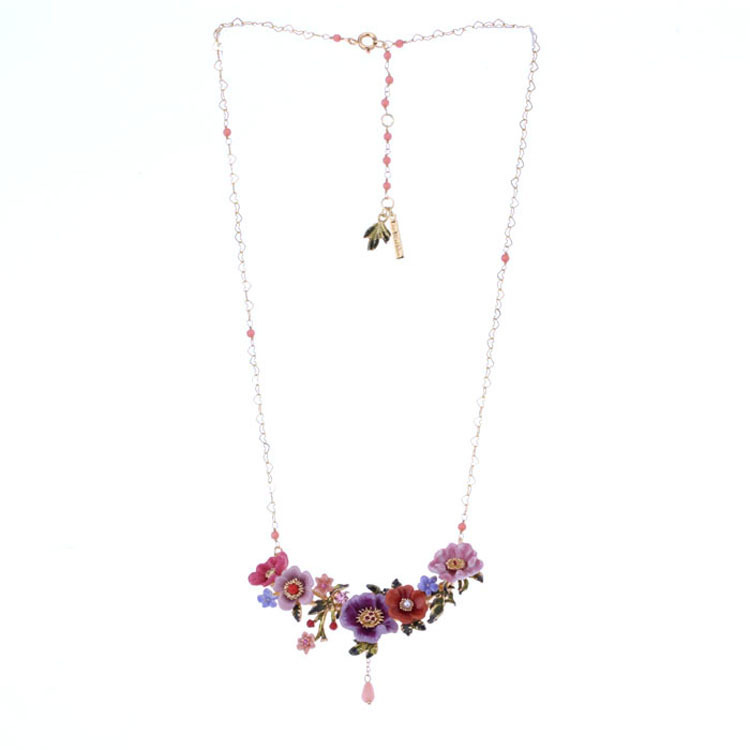 Flower Peony Branch And Crystal Enamel Pedant Necklace