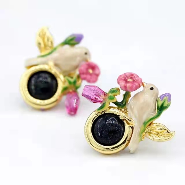 Canary Bird Pink Flower And Black Stone Enamel Earrings