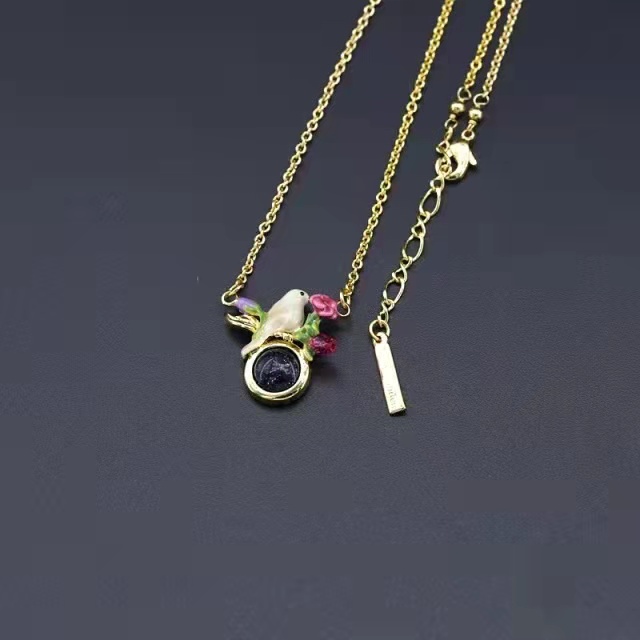 Canary Bird Pink Flower And Black Stone Enamel Necklace