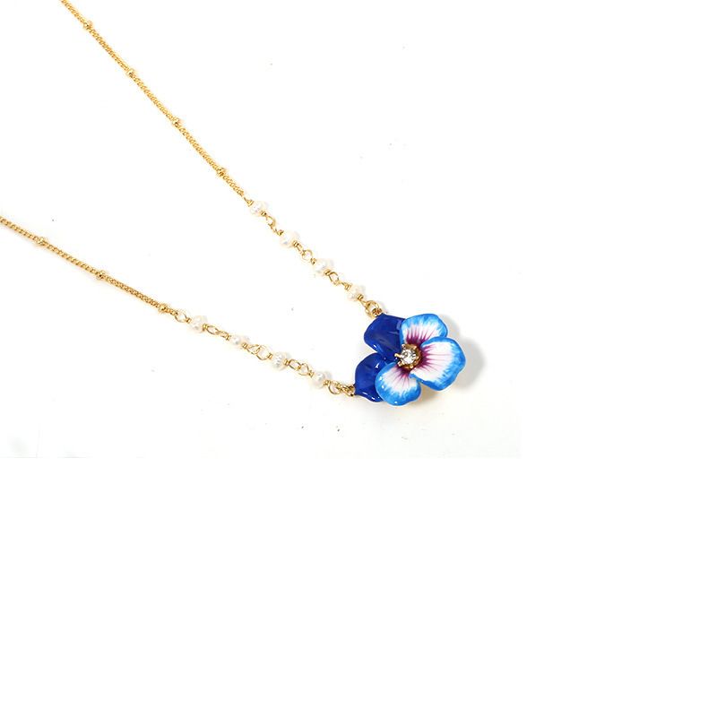 Pansy Flower And Crystal Enamel Pendant Necklace