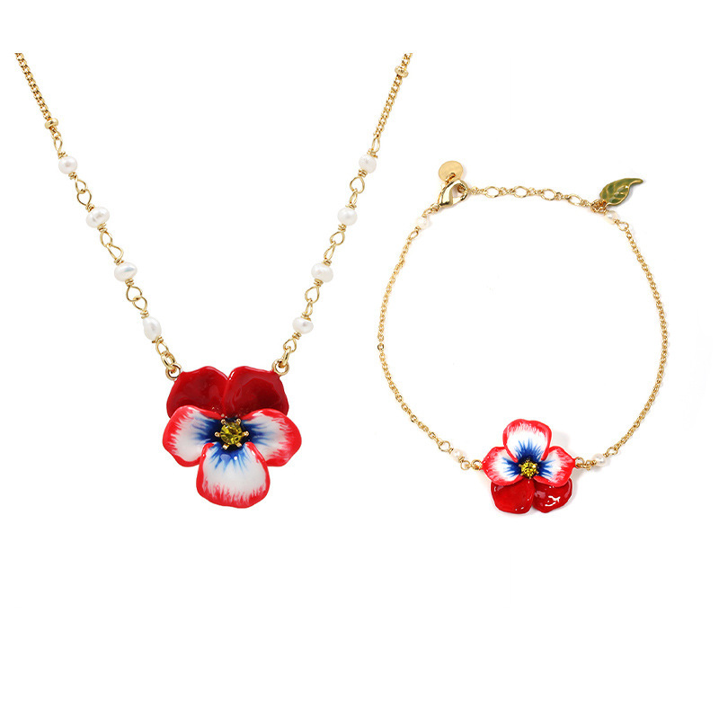 Pansy Flower And Crystal Enamel Pendant Necklace