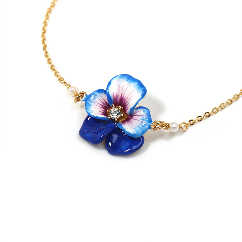 Pansy Flower And Crystal Pearl Enamel Pendant Bracelet