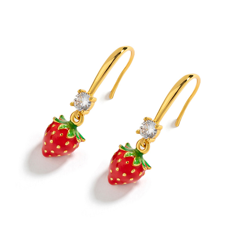 Fruit Strawberry And Crystal Enamel Hook Earrings